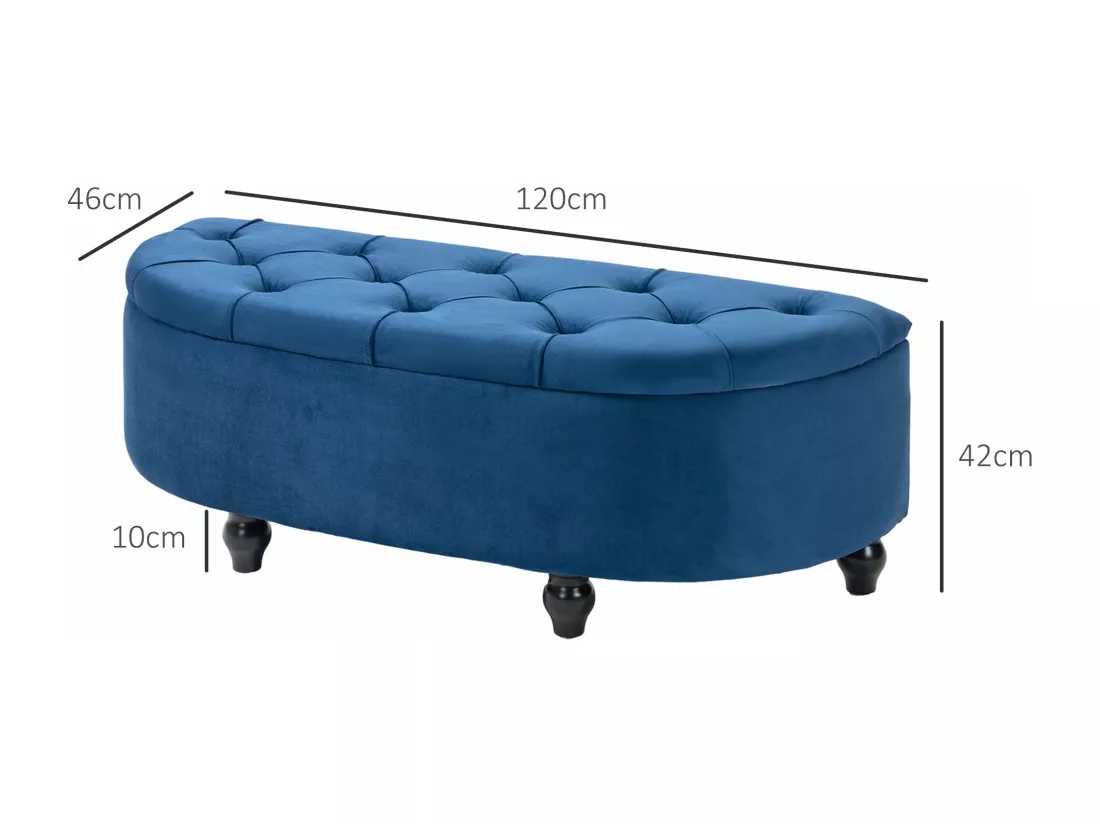 Pouf de rangement coffre 2 en 1 - pouf design classique chic capitonné demi-cercle - pieds bois hévéa noir revêtement velours bleu roi