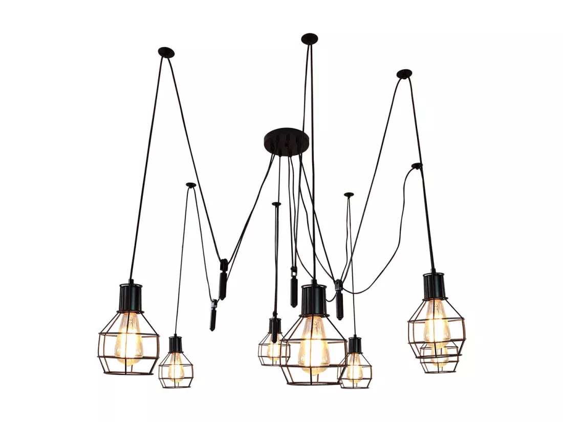 Suspension lampe suspendue lampe suspendue hauteur réglable en métal industriel noir 7x abat-jour en treillis 04_0004053