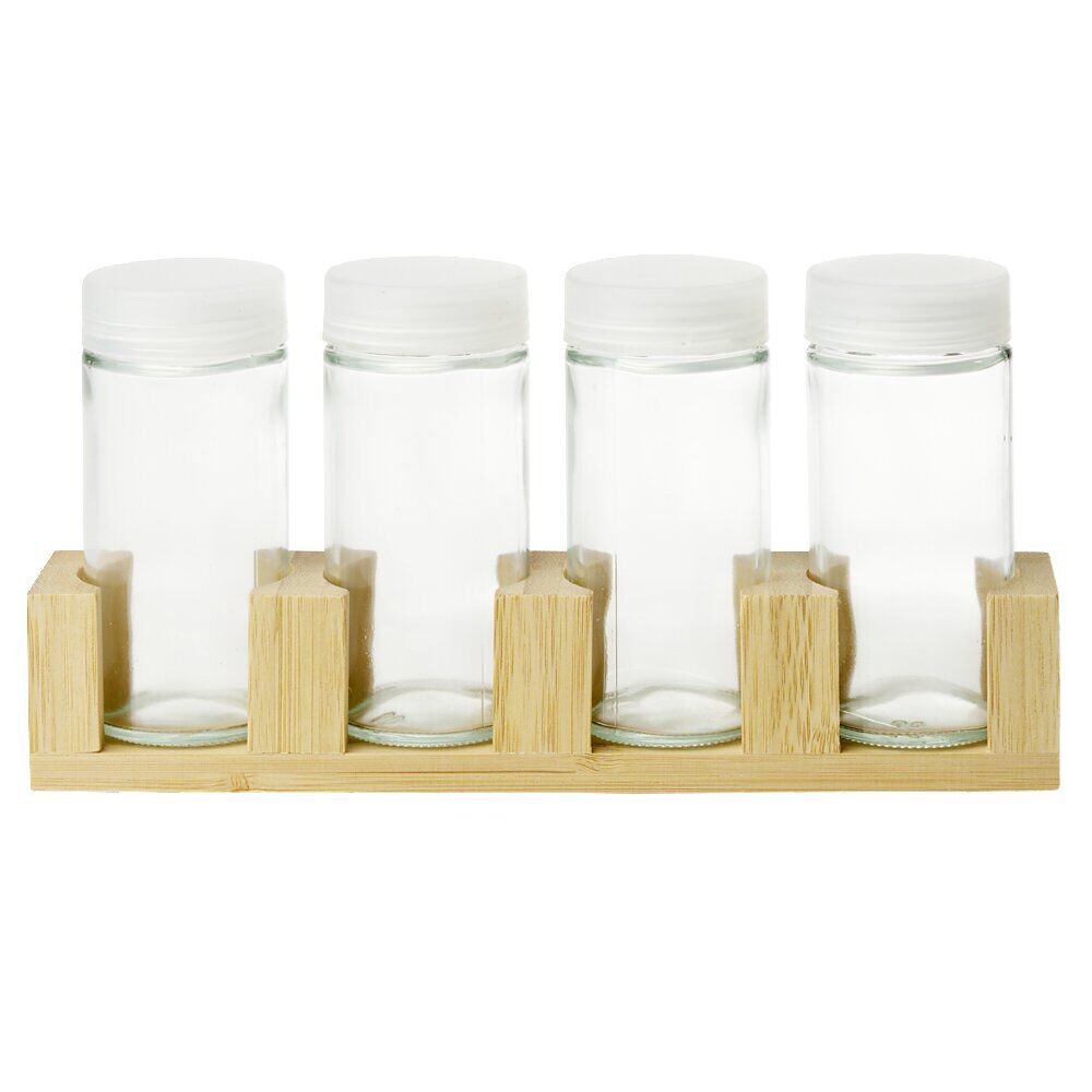 Pots à épices en verre x4 avec support en bambou 20x4,5xH11cm