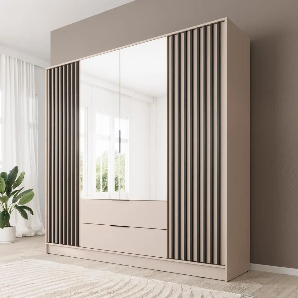 Meubella - Kledingkast Nairobi - Beige - Zwart - 206 cm - met spiegel