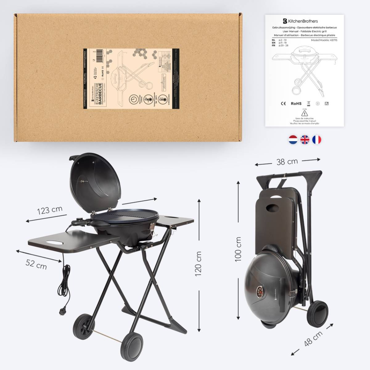 KitchenBrothers 2400 watt elektrische barbecue met wielen