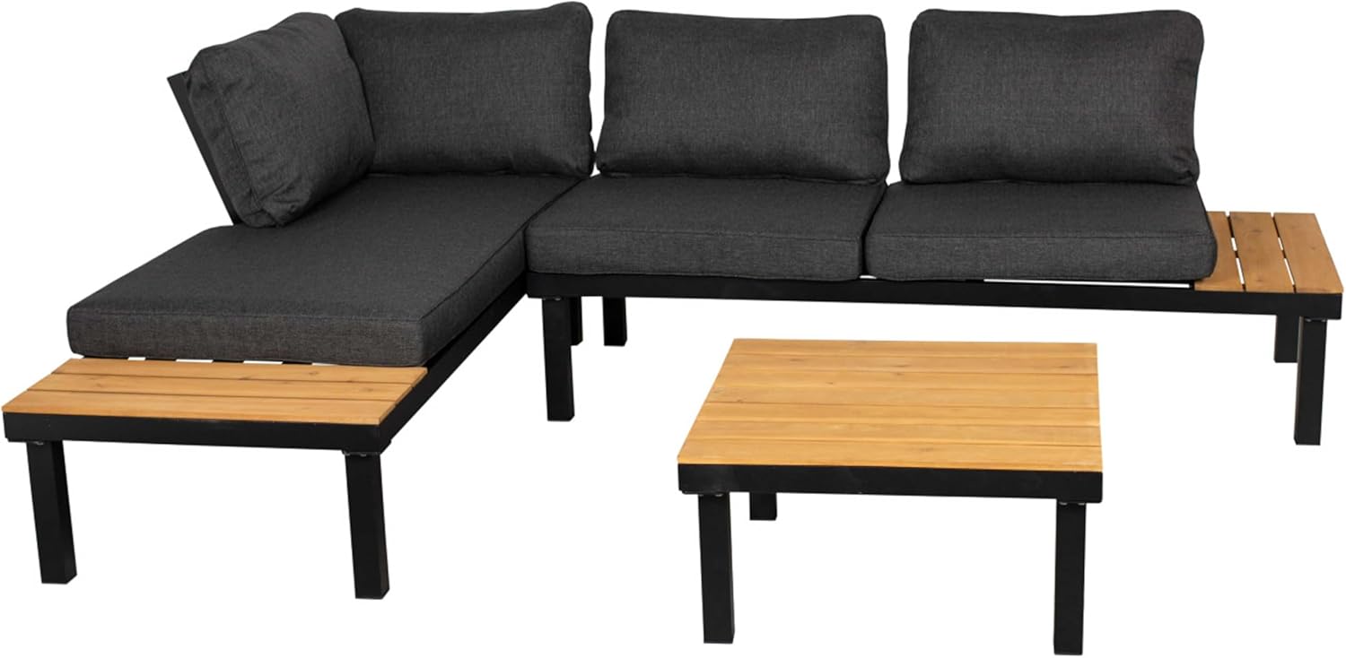 Gartenmöbel Lounge Set Noja, Eukalyptusholz, Aluminium, Naturfarben, mit Tisch und Kissen | Sitzecke aus Holz und Aluminium | Möbel wetterfest für Balkon, Garten, Terrasse