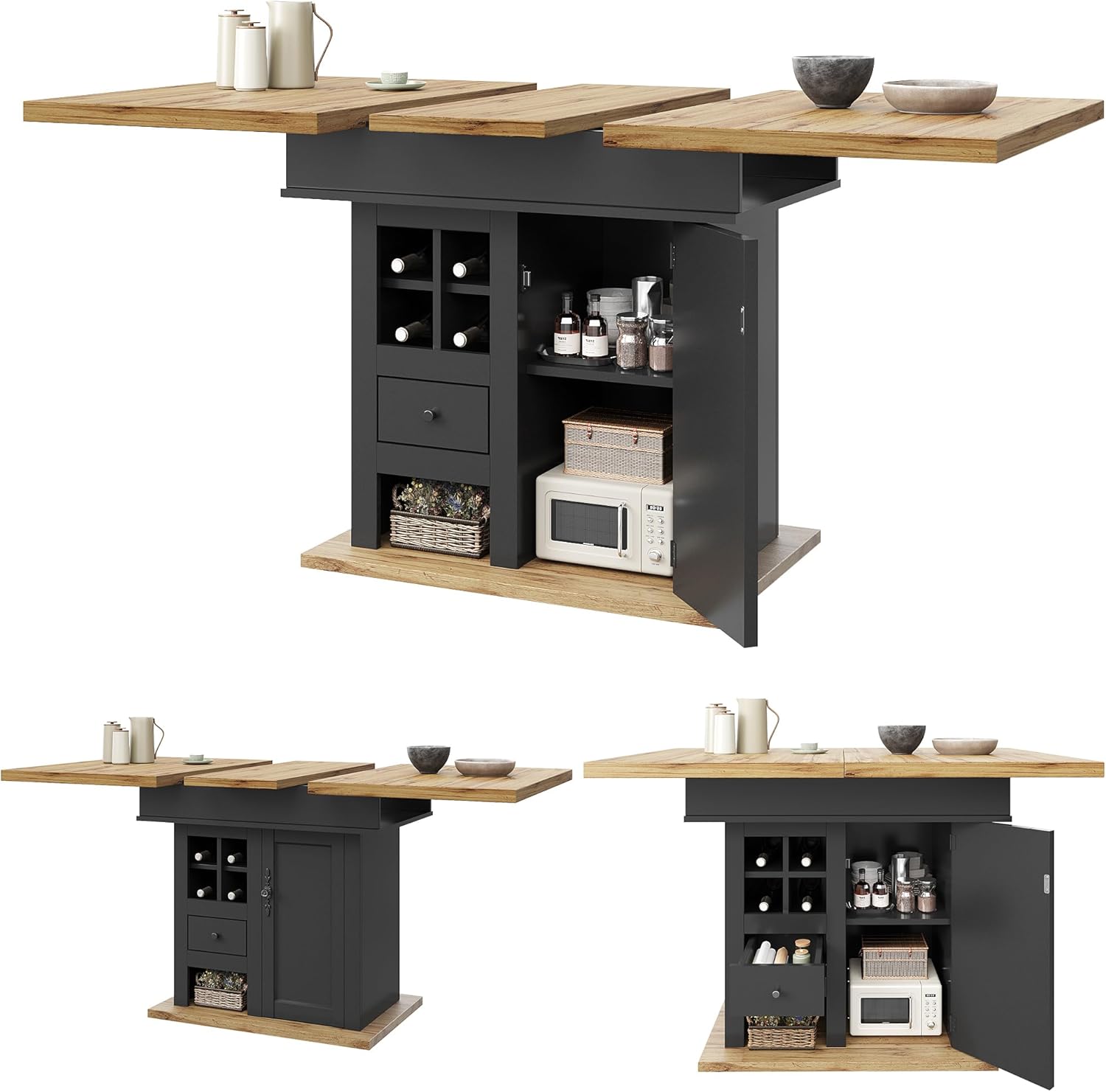 Esstisch Ausziehbar 110-140x80x75 cm mit Weinregal und Schubladen für 4-6 Personen, Esszimmertische mit Türen und Stauraum, Esszimmertisch Ausziehbar, Esszimmermöbel, Holzfarbe+Schwarz