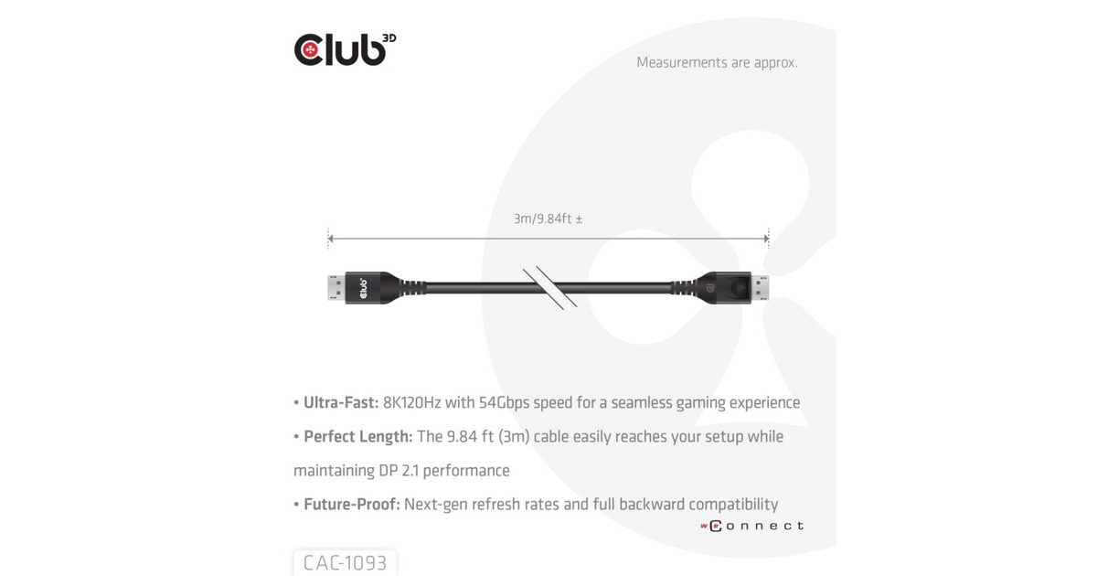 Club 3DDisplayPort 2.1 DP54 VESA Certified Cable 8K120Hz  kabel  (Zwart, 3 meter)