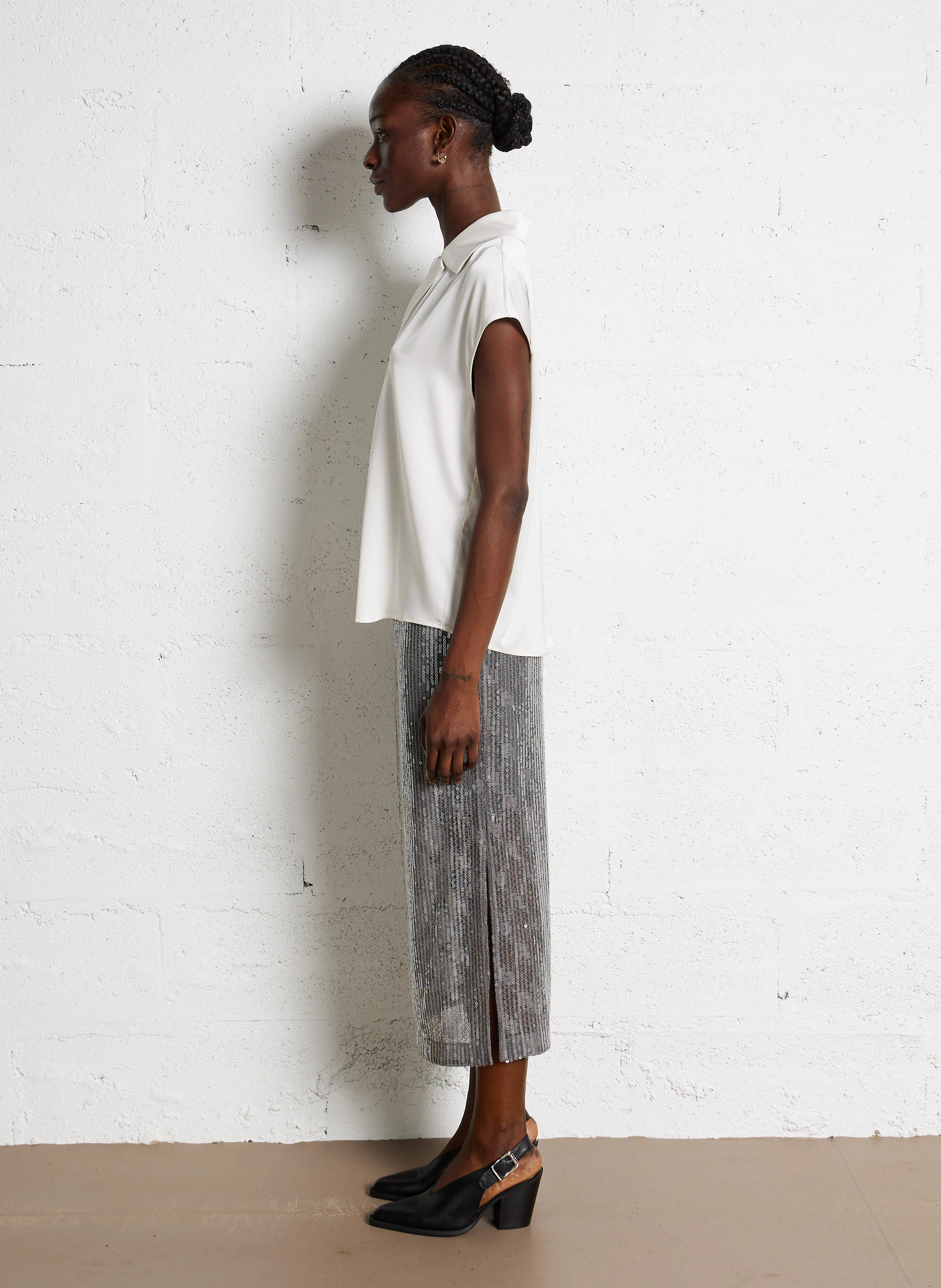 Jupe midi à sequins en coton mélangé | Gris