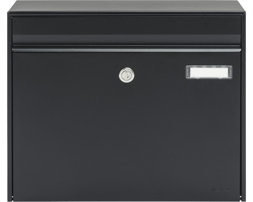 MEFA brievenbus, gepoedercoat staal, BxHxD 385/310/137 mm, Vals 101, gitzwart RAL 9005, zijdemat, frontale toegang met klep, naamplaatje