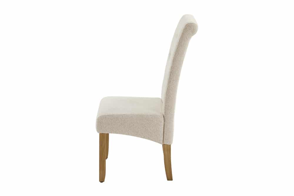 Design Stuhl CASA beige Bouclé Tweed Soft Massivholzbeine Zierknöpfe und Nackenrolle