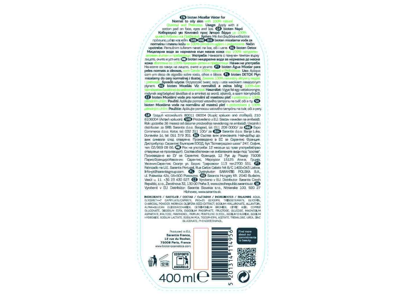 ÁGUA BIOTEN MICELAR DETOX CARVÃO 400ML