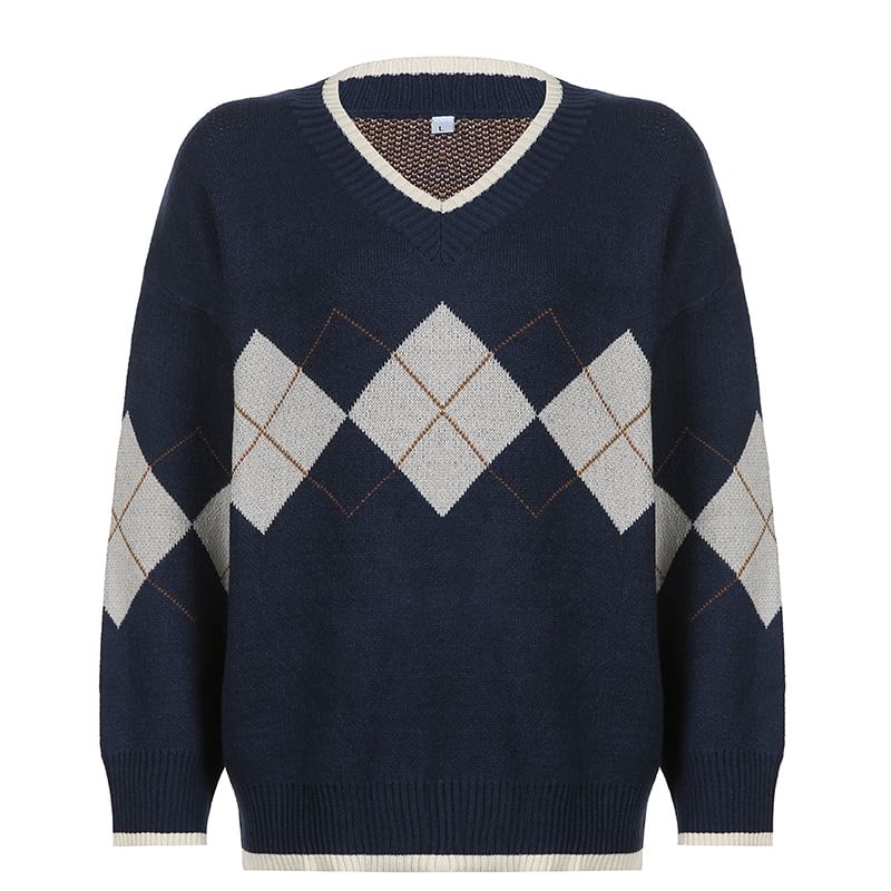 BrickBlack - V-hals Argyle Oversized Trui