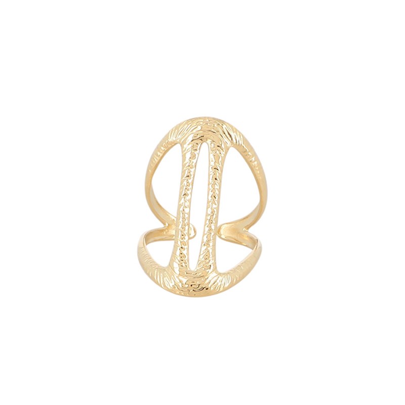 Bague ajustable en acier doré composée de formes géométriques ajourées et texturées