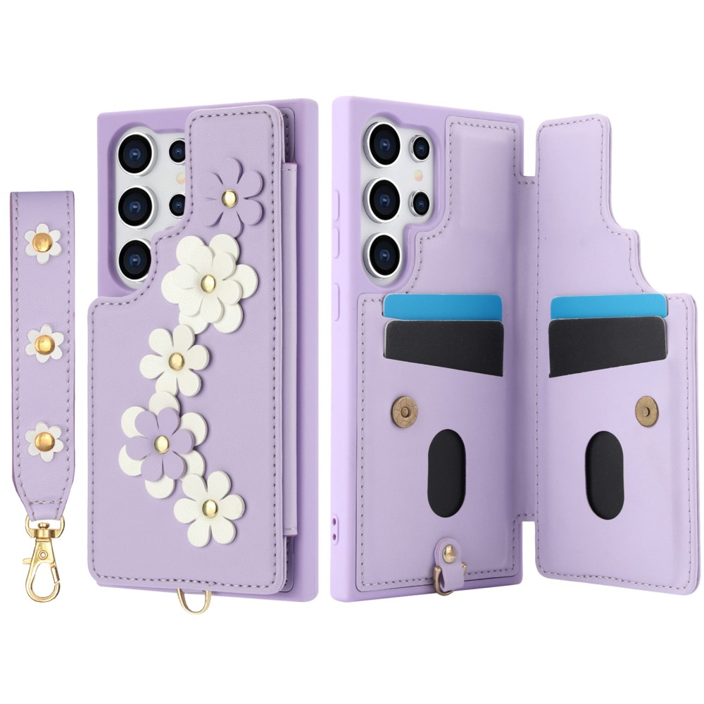 Samsung Galaxy S25 Ultra Necklace Leder Schutz Hülle mit Kartenfächer Blumen   Handykette (140cm) - Lila