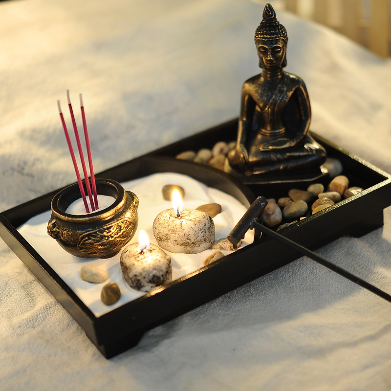 (11-tlg. Set) Buddha Zen Garten Home Deko mit Räucherstäbchen   Teelicht in Stein Optik - Schwarz