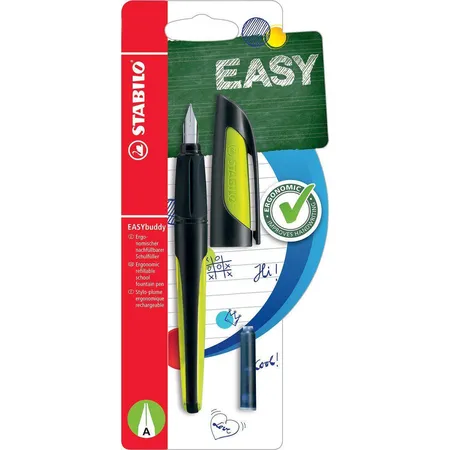 Schulfüller mit Anfänger-Feder A - STABILO EASYbuddy in schwarz/limette - Schreibfarbe blau (löschbar) - Einzelstift - inklusive Patrone