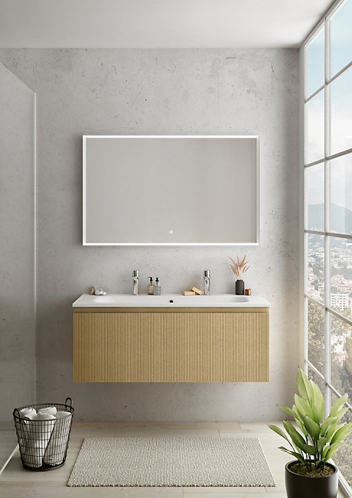 Meuble sous vasque à suspendre Pura placage chêne clair strié 120cm + Plan vasque en résine blanc mat
