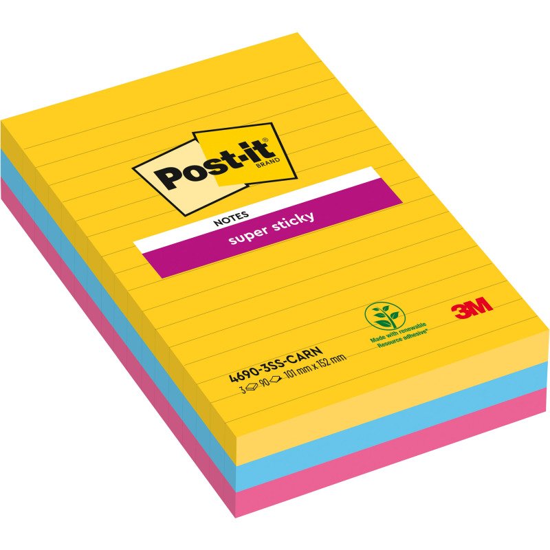 Notes lignées repositionnables couleurs Carnival Super Sticky Post-it 101 x 152 mm - bloc de 90 feuilles