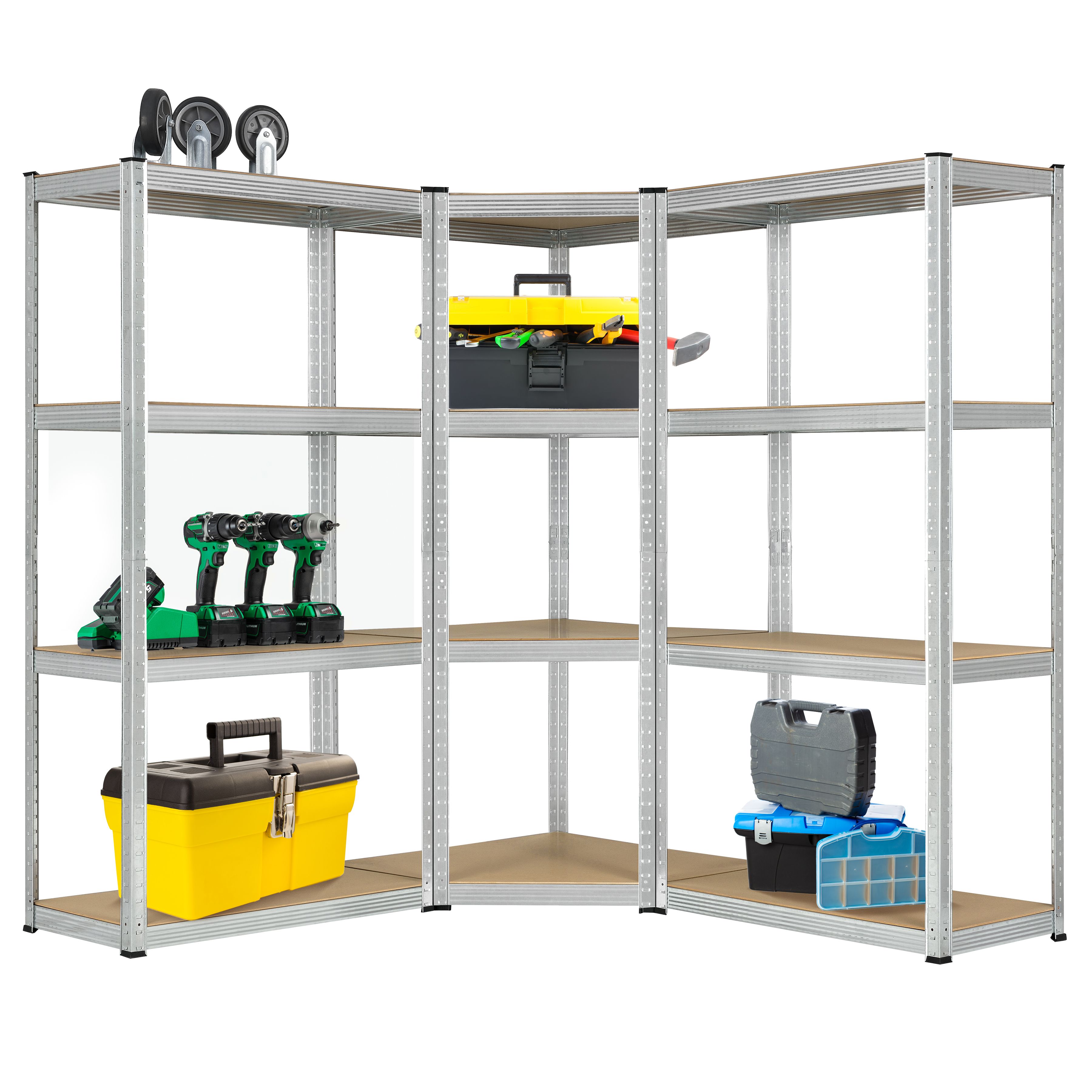 Juskys 3er Metall Regalsystem Easy | 1 Eckregal & 2 Schwerlastregale | 12 MDF Holz Böden | 960kg