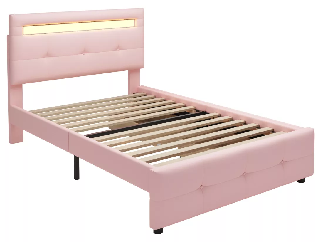 Lit simple 90x200cm en tissu de lin avec LED et 2 tiroirs - Rose