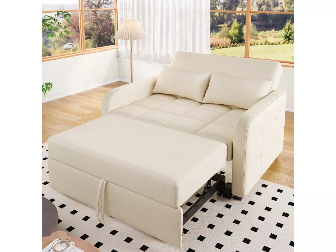 Canapé convertible 2 places, Canapé-lit pliant en tissu lin - 127 x 75 x 94 cm - avec fonction sommeil - Beige