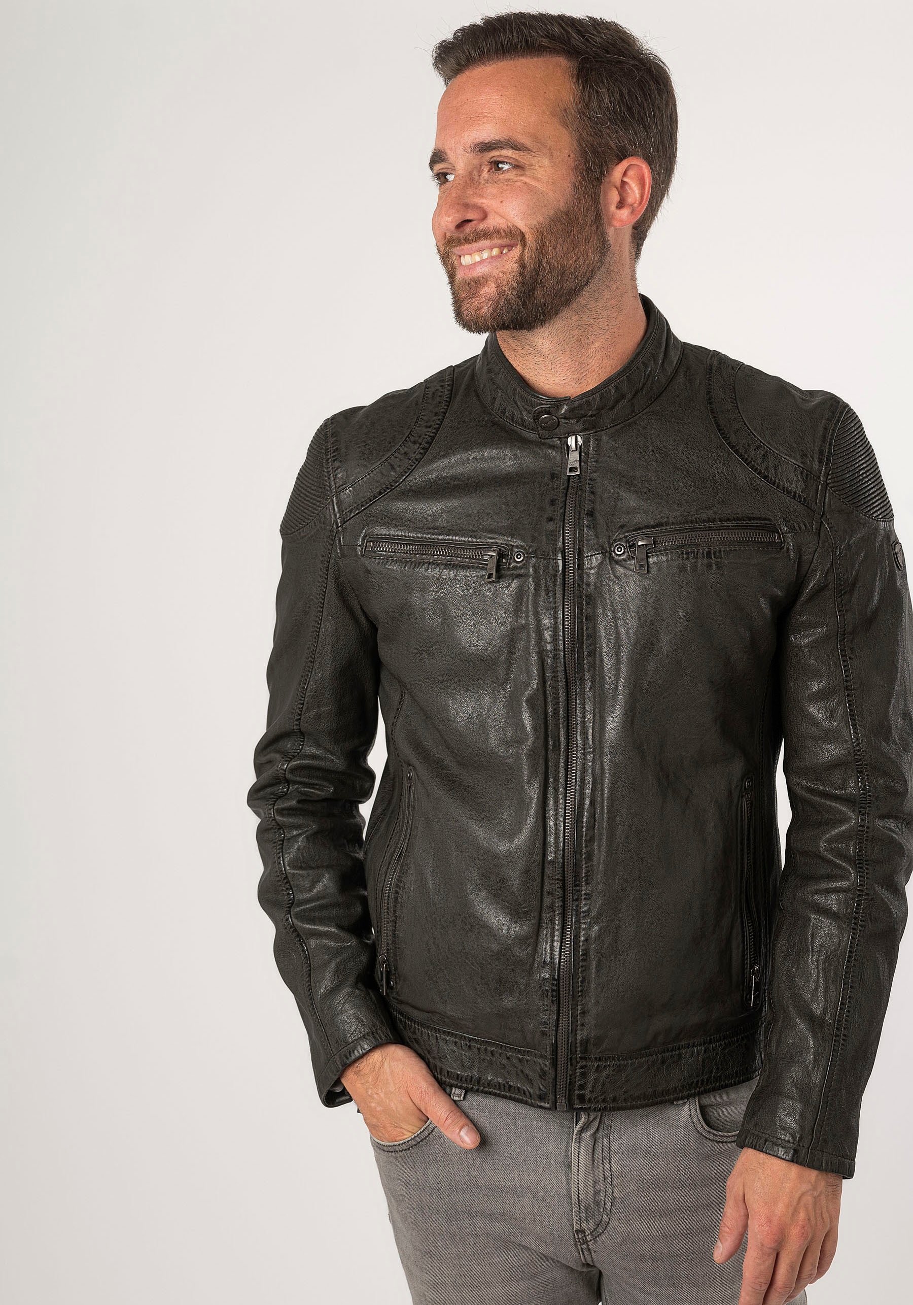 Mauritius Lederjacke »MMCollins« mti Reissverschluss, Stehkragen, Ziersteppung