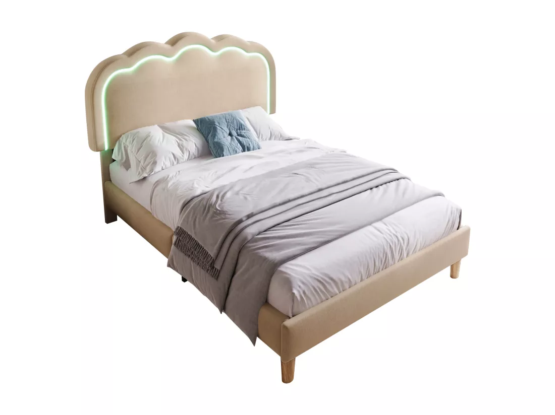 Lit capitonné 90 x 190 cm avec tête de lit réglable pour chambre à coucher - LEDs - tissu lin - beige