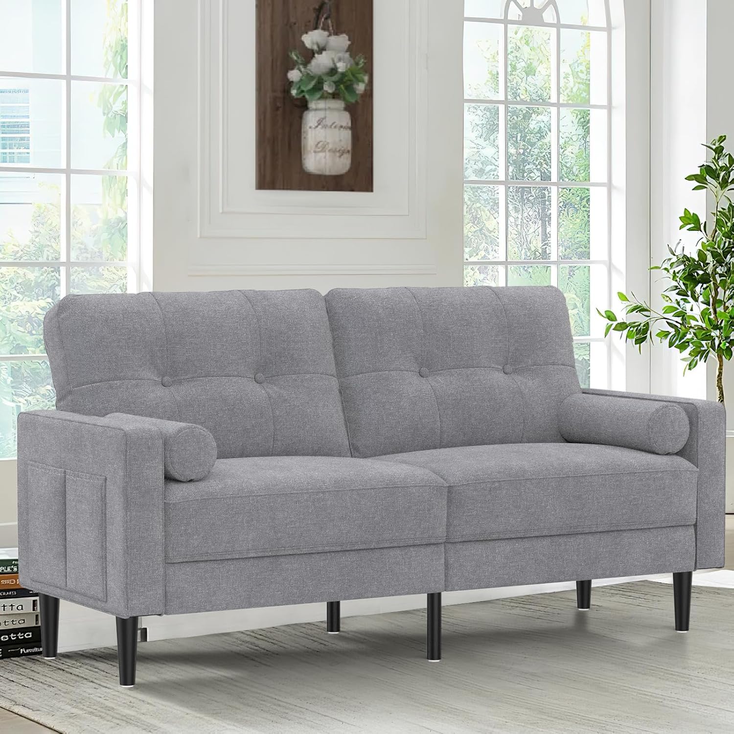Sofa 2 Sitzer, Modernes Design Mit Dicken Polstern, 2 Kissen, Bequemes Leinensofa Mit 2 Staufächern für Wohnzimmer/Schlafzimmer/Büro, Leicht Zusammenzubauendes Kleines Möbelstück, Grau