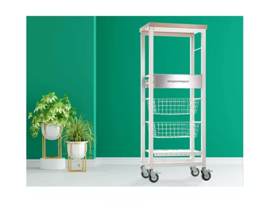 Desserte de cuisine haut, chariot de rangement - couleur Blanc, Inox, Orme - 123*48,5*34 cm - ONDA ALTO