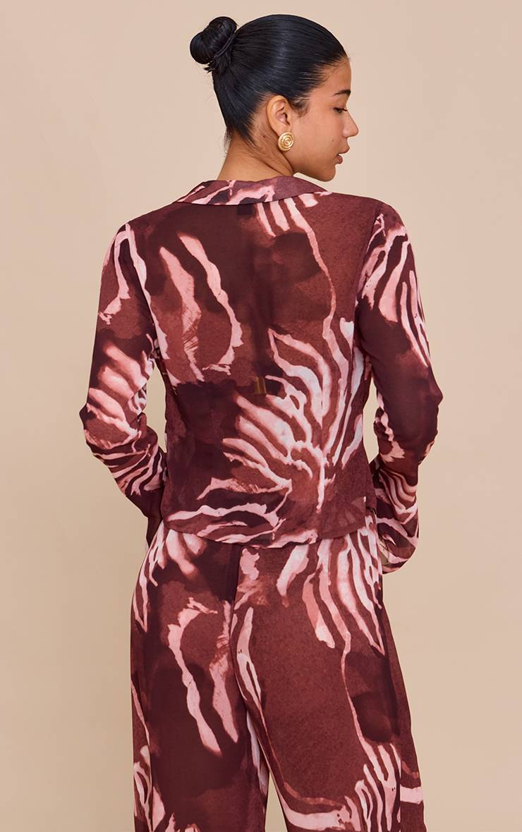 Marron Chemise En Mousseline À Imprimé Abstrait Avec Manches Longues Et Nœud Devant