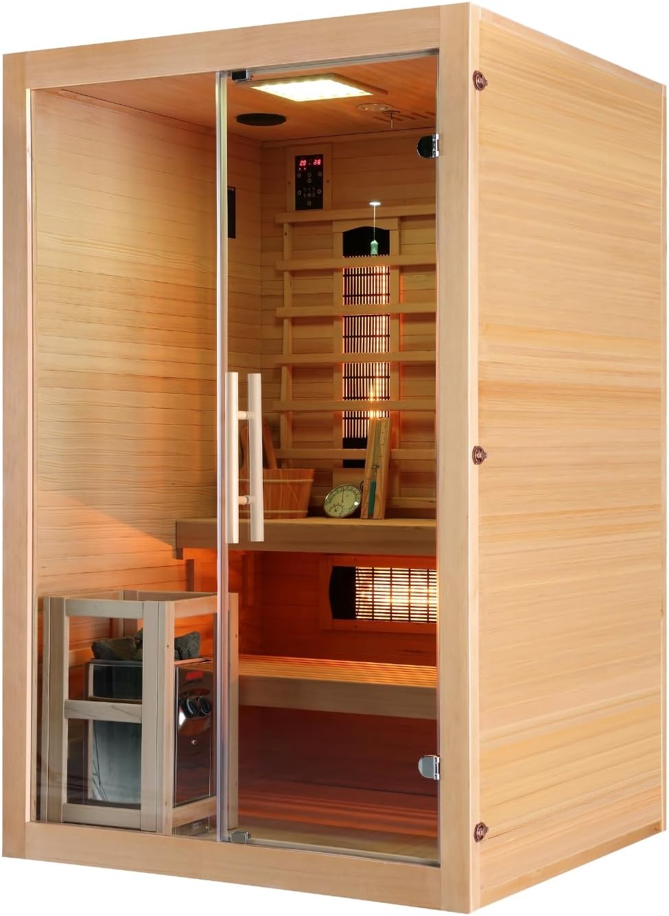 SANOTECHNIK Infrarotkabine TWINCOMBI – 2 Personen Kombi-Sauna 130×120×200cm | 3 Vollspektrum-Strahler (2×300W & 1×400W), Harvia 3,5kW Ofen, LED-Farblicht, Bluetooth-MP3 – Art.Nr.: J30130