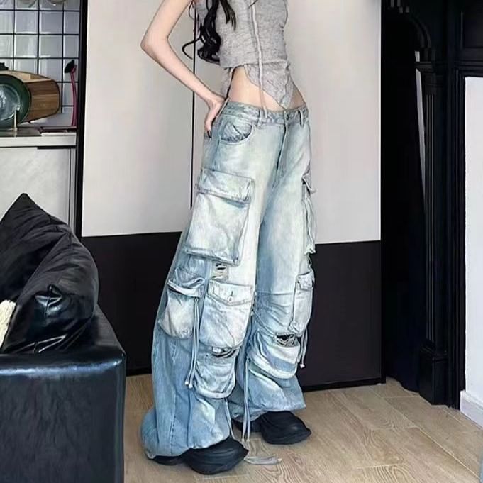 Slyaddie - Low Waist Washed Ripped Wide Leg Cargo Jeans