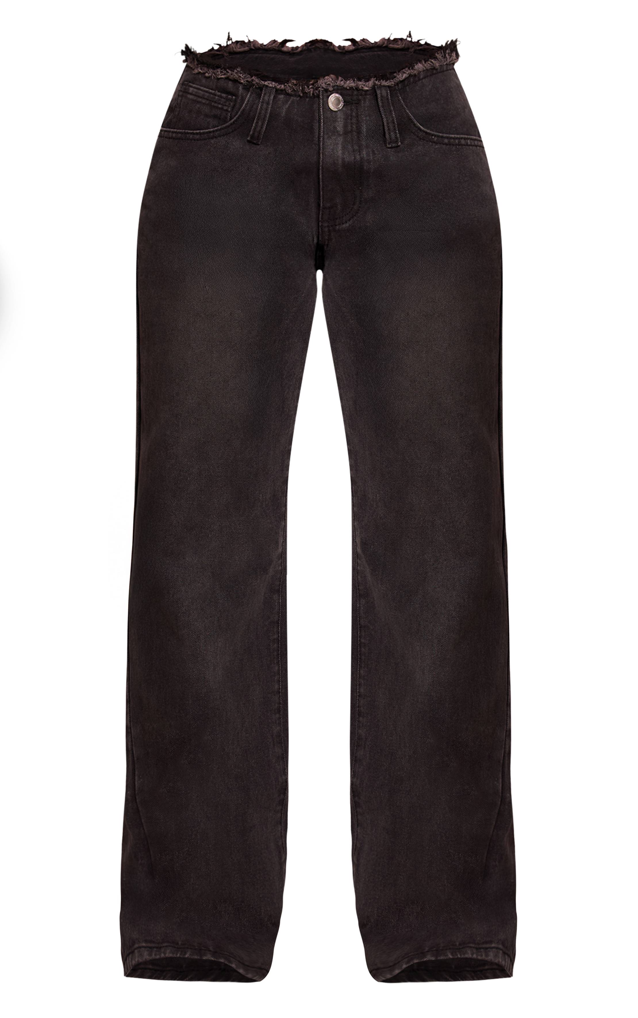 Noir Jean Petite Taille Basse Coupe Droite Taille Effilochée