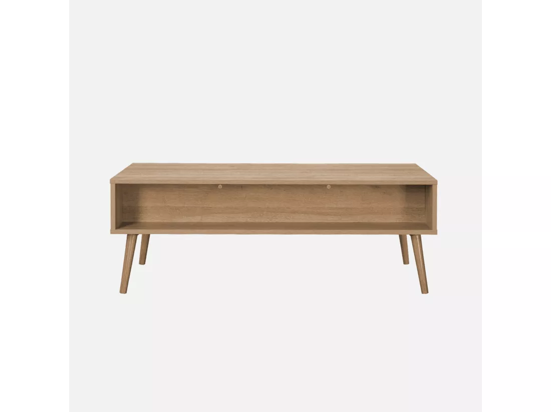 Table basse. Eva. scandinave en cannage arrondi et en décor bois. 1 tiroir réversible L110 x l59 x H39cm
