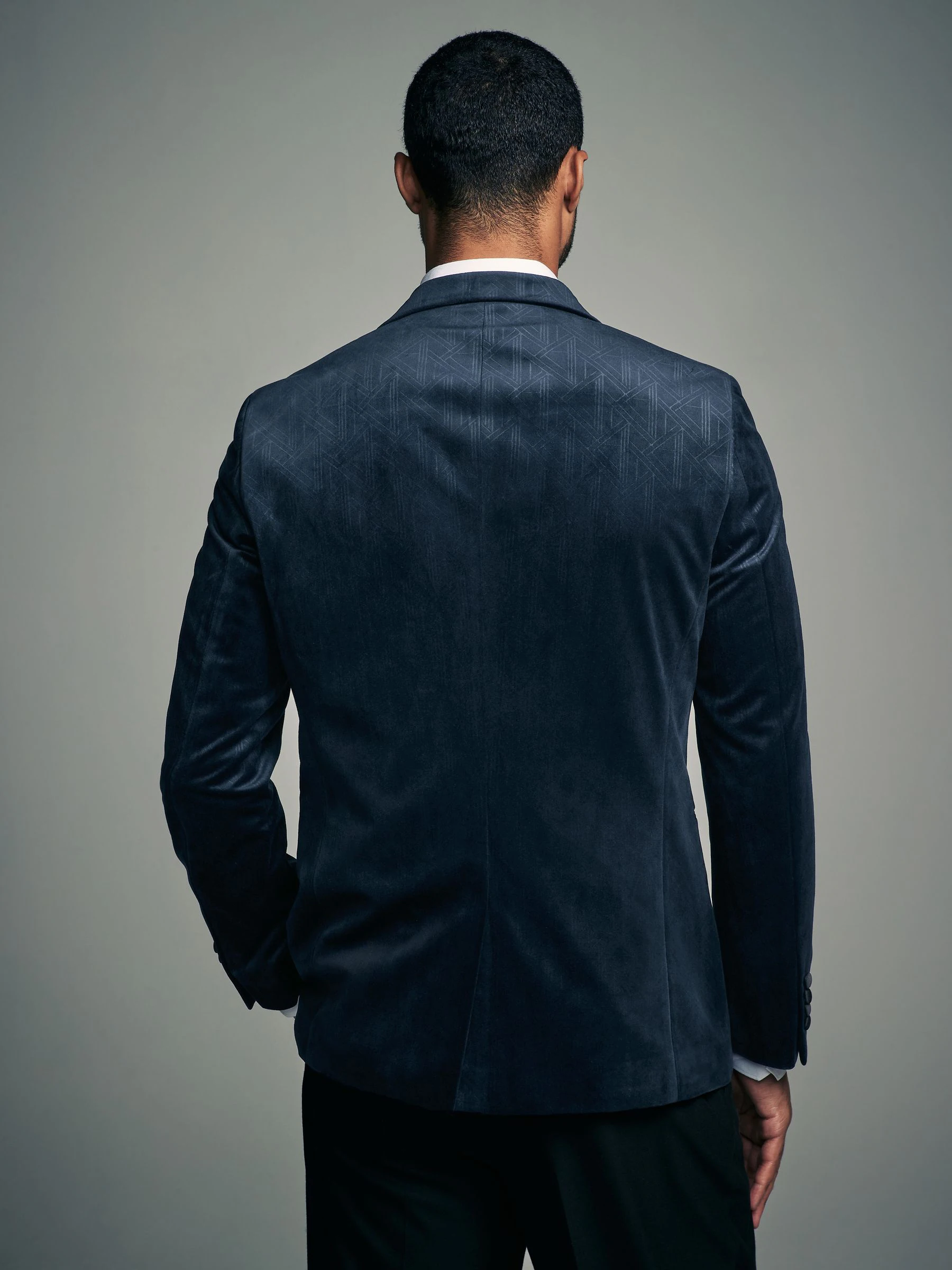 Marineblauw geometrisch - Slim Fit - Fluwelen blazer met patroon