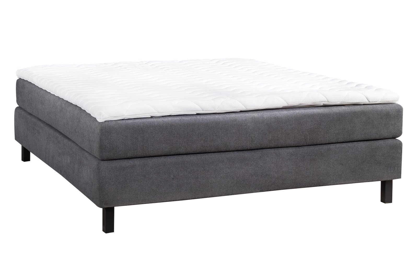 Komfort 5 kontinentalseng 150x200 cm i tekstil Primo mørk grå 96 med medium/medium fasthet, Komfort 5 overmadrass og firkantet sorte ben 15 cm