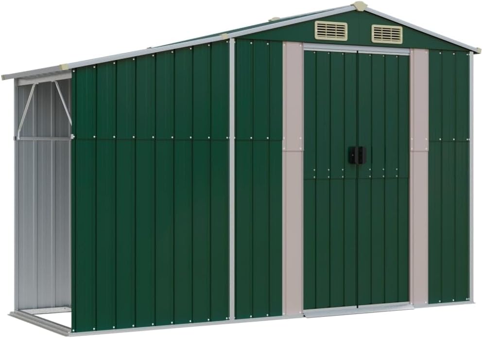 SECOLI Gerätehaus Metall mit bodenplatte Gerätehaus Metall pultdach Gartenhaus Metall XXL Geräteschuppen Outdoor Geräteschrank Gartenschrank Verzinkter Stahl-Grün-277 x 93 x 179 cm