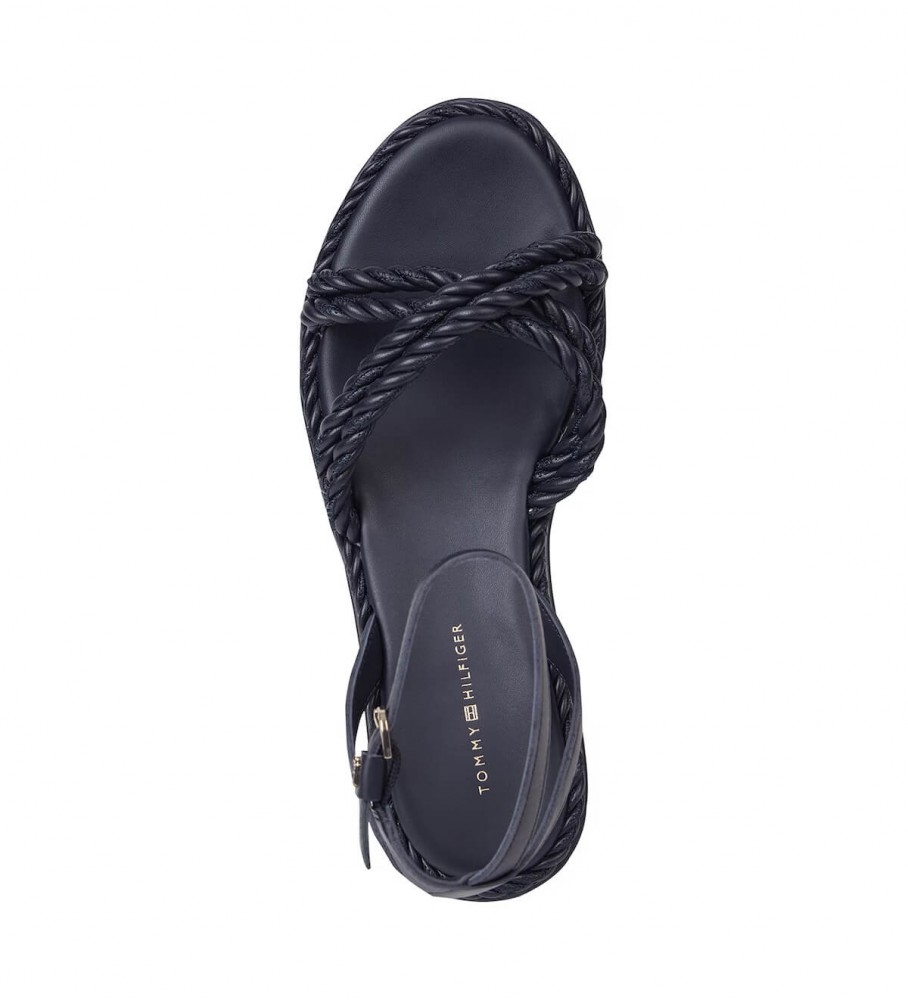 Sandálias Tommy Hilfiger de couro com tira no tornozelo e cordão, azul-marinho
