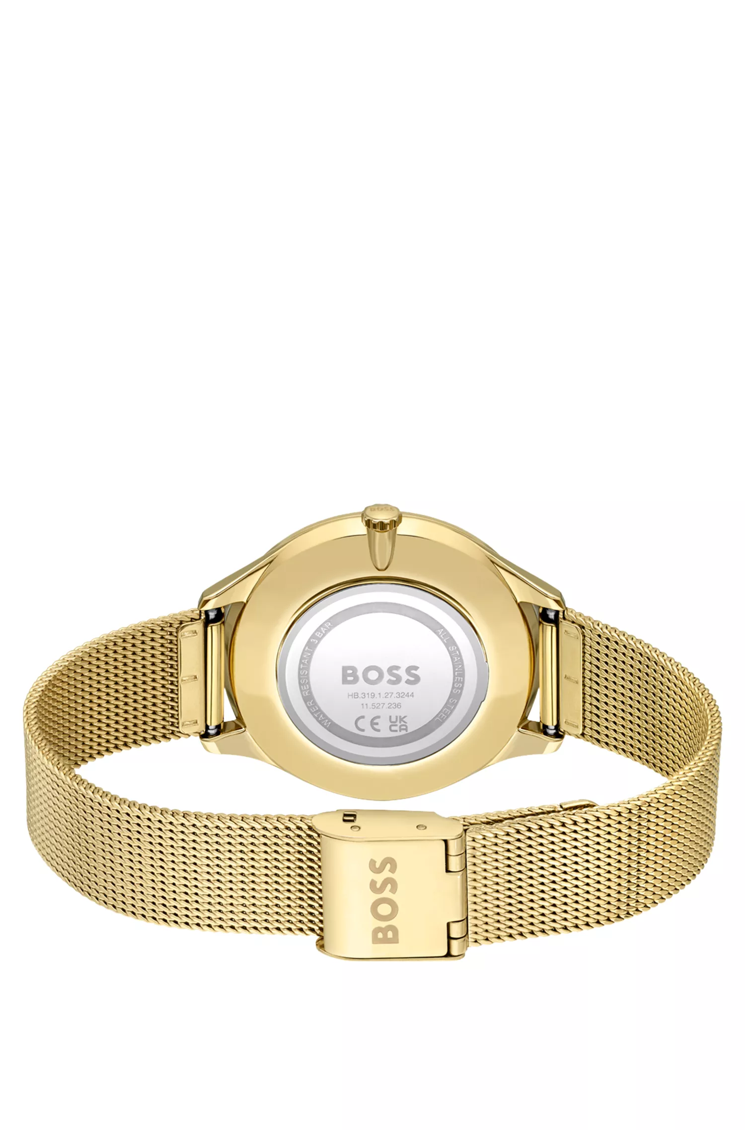 Relógio BOSS em tons de preto e dourado com pulseira de malha.