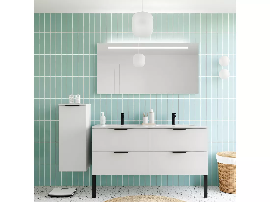 Meuble de salle de bain suspendu double vasque intégrée 140cm 4 tiroirs Blanc - Soho