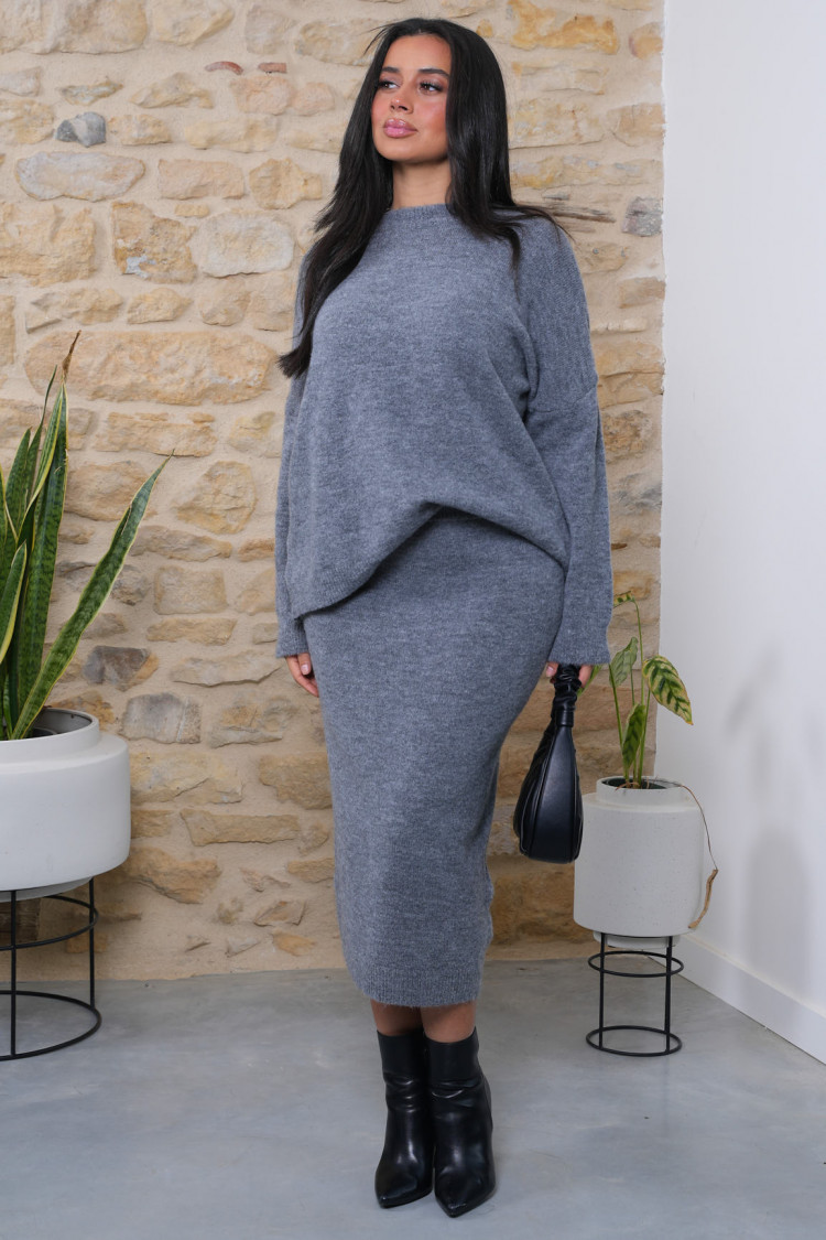 Ensemble 2 pièces pull + jupe grise texturée