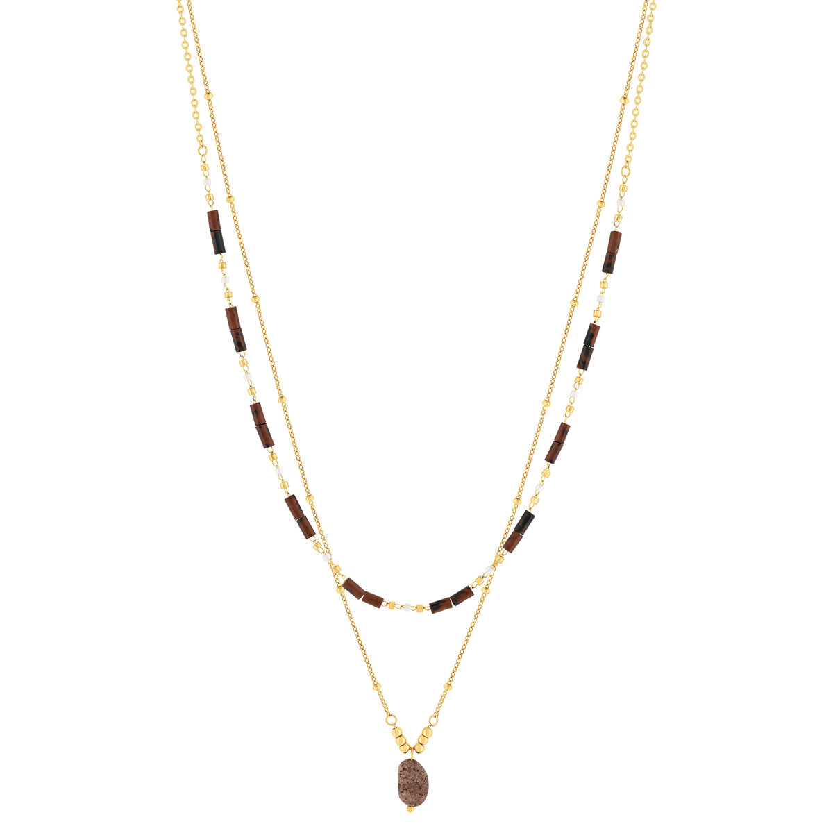 Collier acier doré 2 rangs pierres oeil de tigre 48 cm