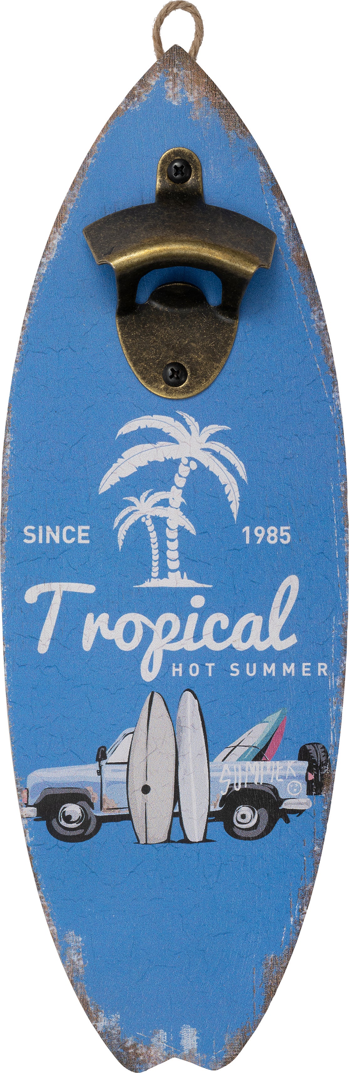 Intratuin wanddecoratie met flesopener Beach surfplank donker blauw 12 x 34 cm