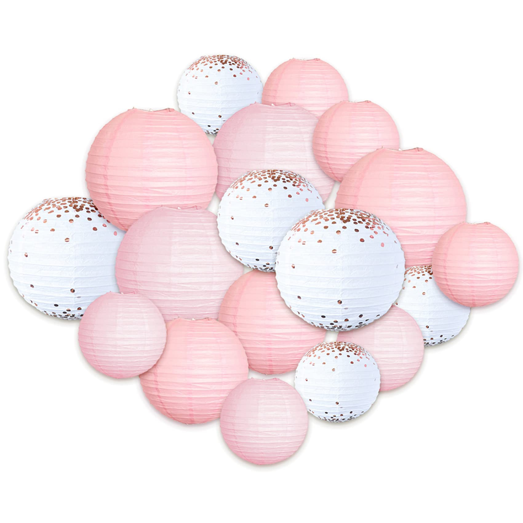 (18er Set) Papier Lampion Party Deko Laterne Geburtstag / Hochzeit - Rosa / Weiss / Roségold