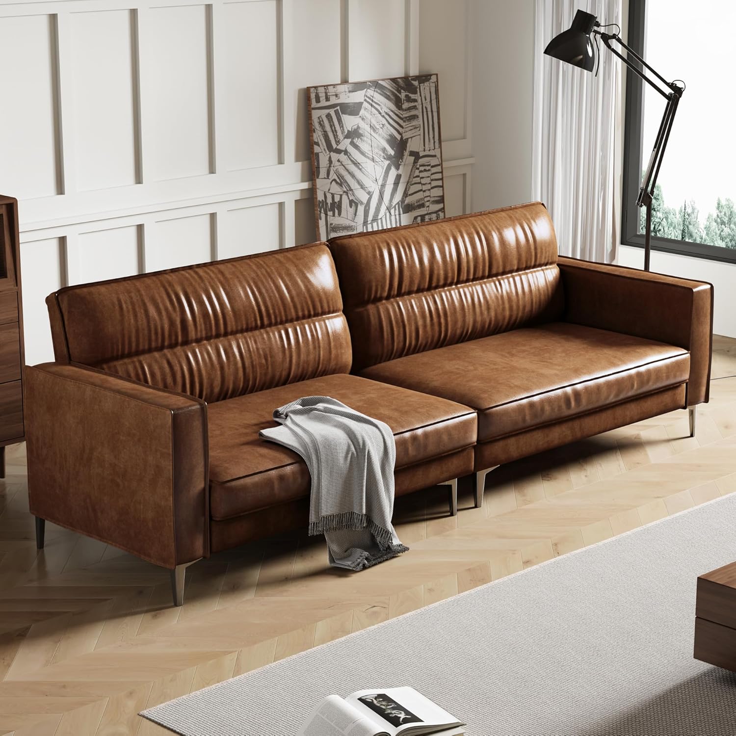 3-Sitzer Sofa in Vintage Lederoptik – Kompaktes Kunstleder Sofa mit Knopfheftung, Metallfüßen & Geraden Armlehnen, Braun – Retro Couch für Wohnzimmer, Büro oder kleine Wohnung (glatte Variante)
