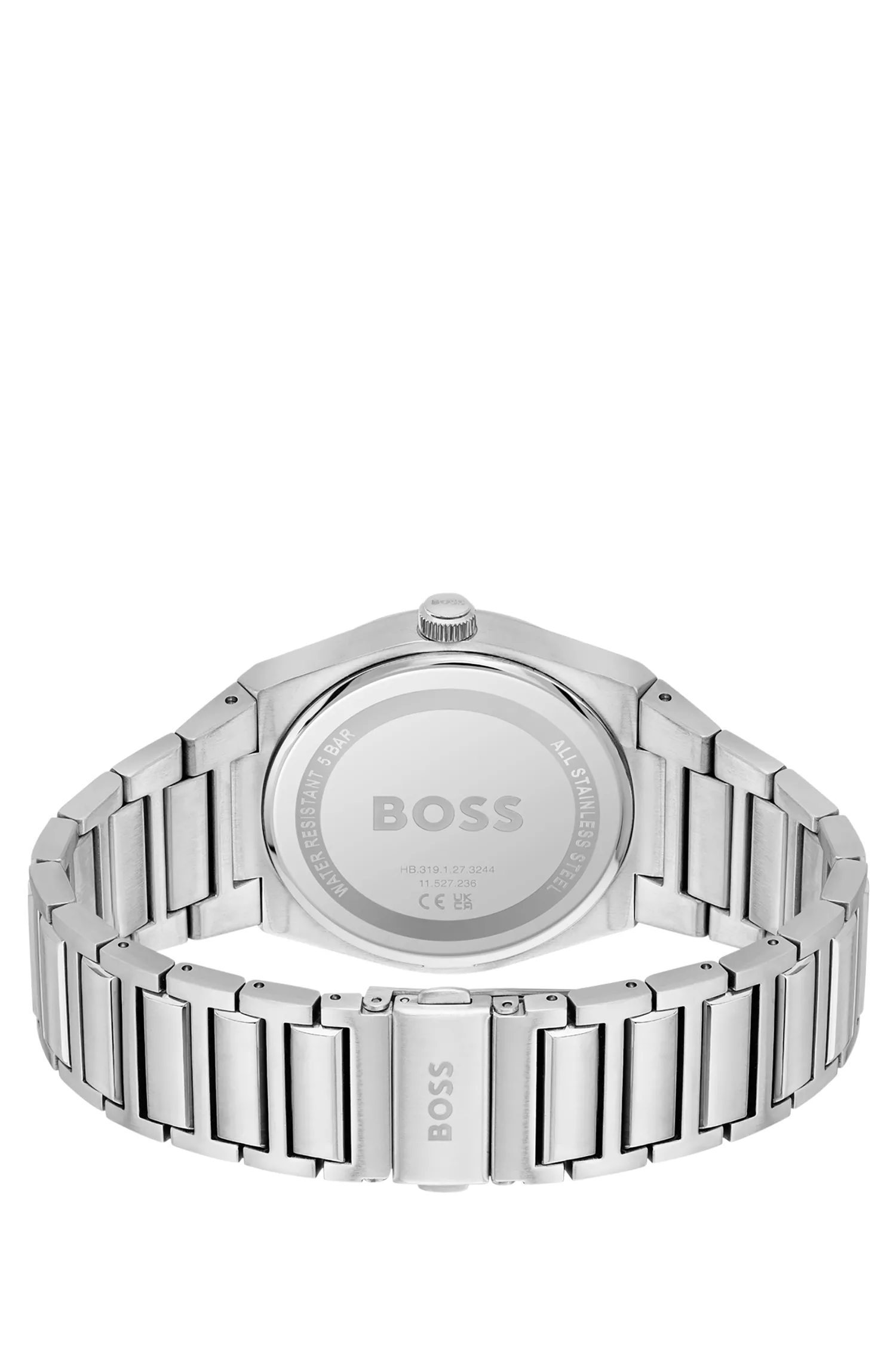 Relógio BOSS com pulseira de elos pretos e mostrador cinza.