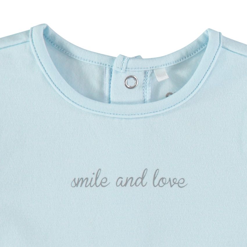 T-shirt manches longues en coton bio à message printé bleu ciel - Bleu