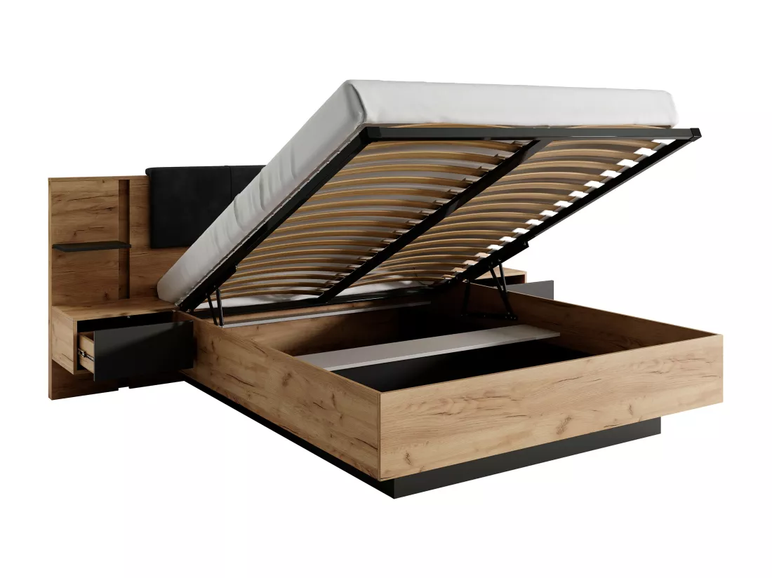 Lit coffre avec chevets 140 x 190 cm - Avec LEDs - Coloris : Naturel et anthracite + Matelas - ELYNIA