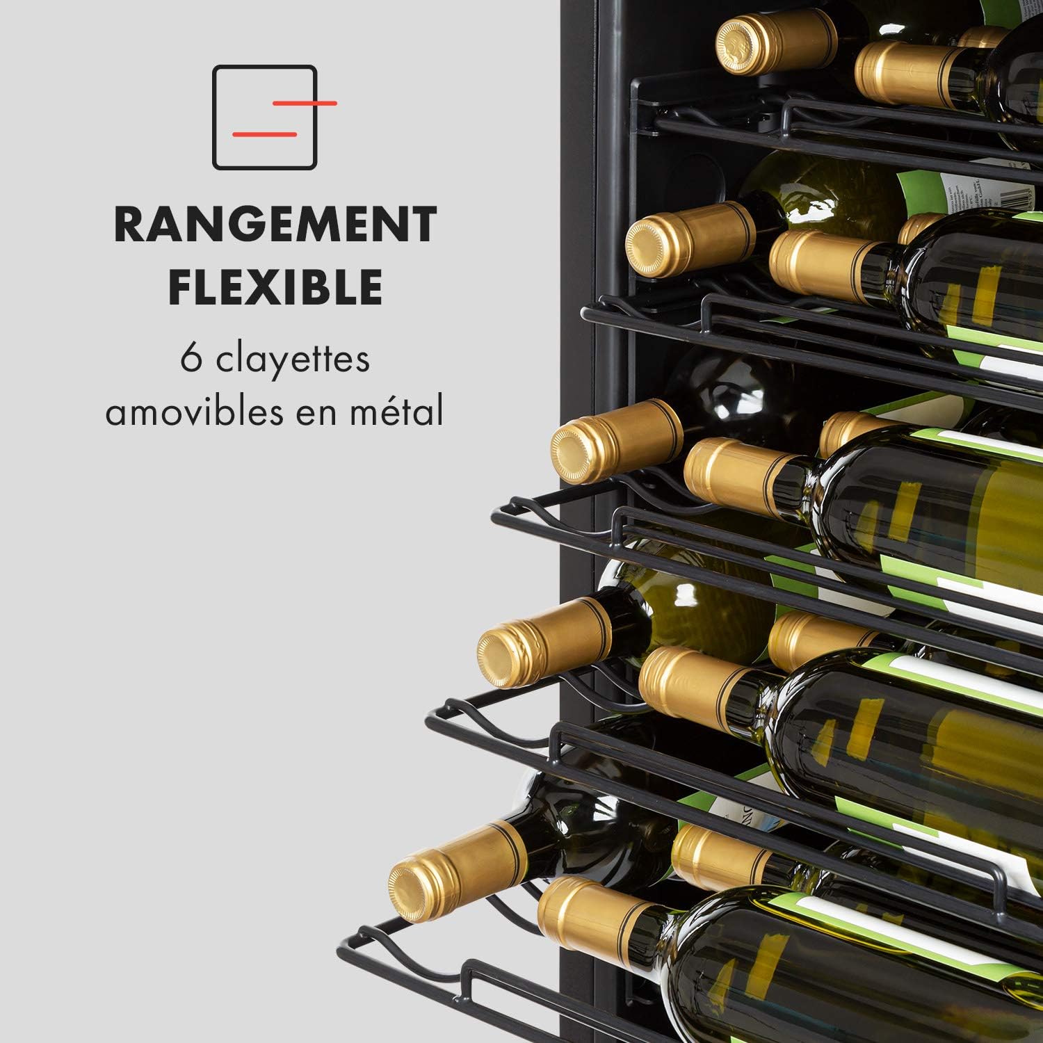 Klarstein Vinomatica - Cave à vin, Compacte, Capacité de 95L, 36 bouteilles, Porte panoramique, Cadre en acier inoxydable noir, Eclairage intérieur, 6 tablettes amovibles, Réglable de 4 à 18°C, Noir
