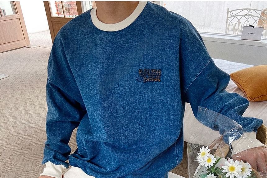 SeoulPop - Losse denim pullover met lange mouwen en berenprint