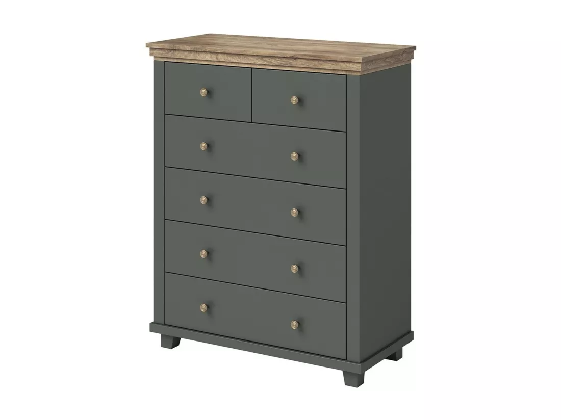 Chambre à coucher ASSIA : Armoire 200cm, Lit 180x200, commode, chevets. Coloris vert kaki et chêne.
