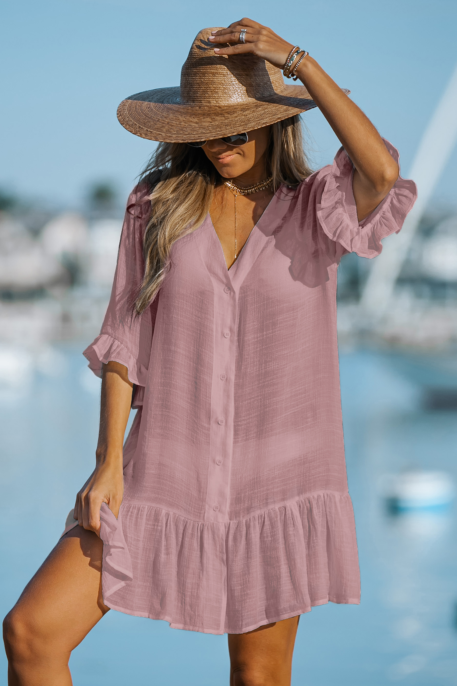 Robe cover up à volants avec boutons sur le devant