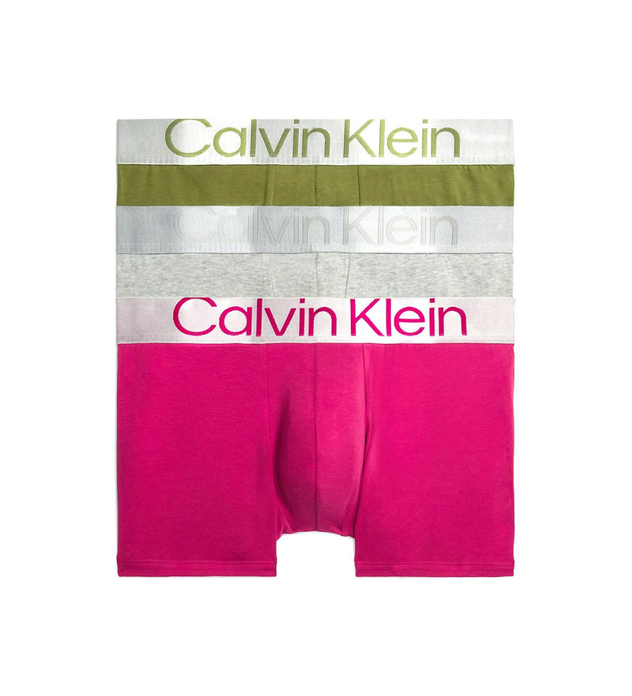 Pacote com 3 cuecas boxer Calvin Klein Steel Cotton nas cores rosa, cinza e verde.